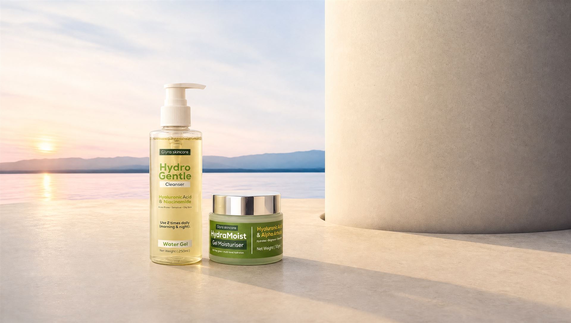 HydroGentle Cleanser and HydraMoist Gel Moisturiser at sunrise by the water
